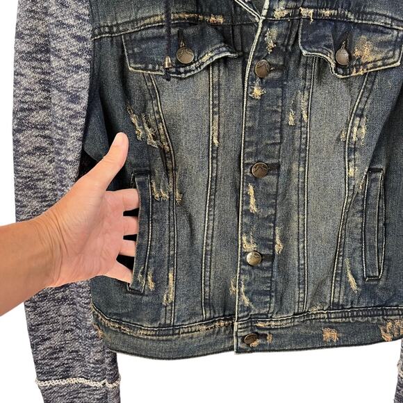 Free People Hoodie Jean Jacket Distressed Denim Sz S Removable Hood - Picture 8 of 15